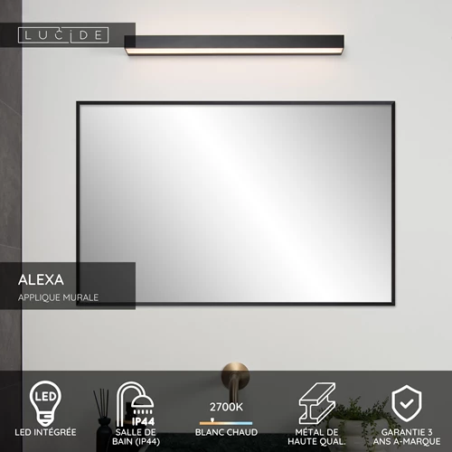 Lucide ALEXA - Applique murale Salle de bains - LED - 1x8W 2700K - IP44 - Noir - USP